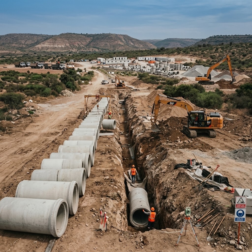 Zanja y colocación de tuberías de concreto hidráulicas con retroexcavadora