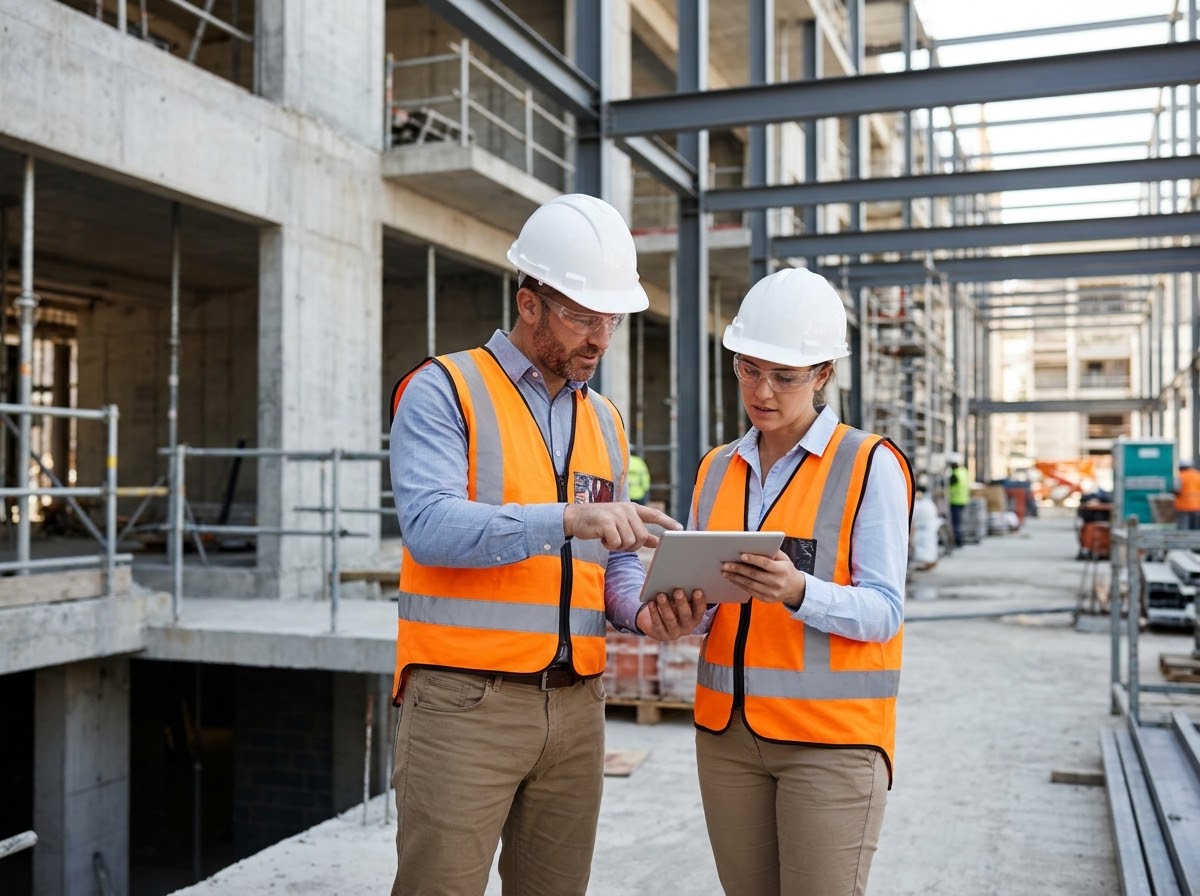 Ingenieros revisando tablet técnica con chaleco reflejante en sitio de obra